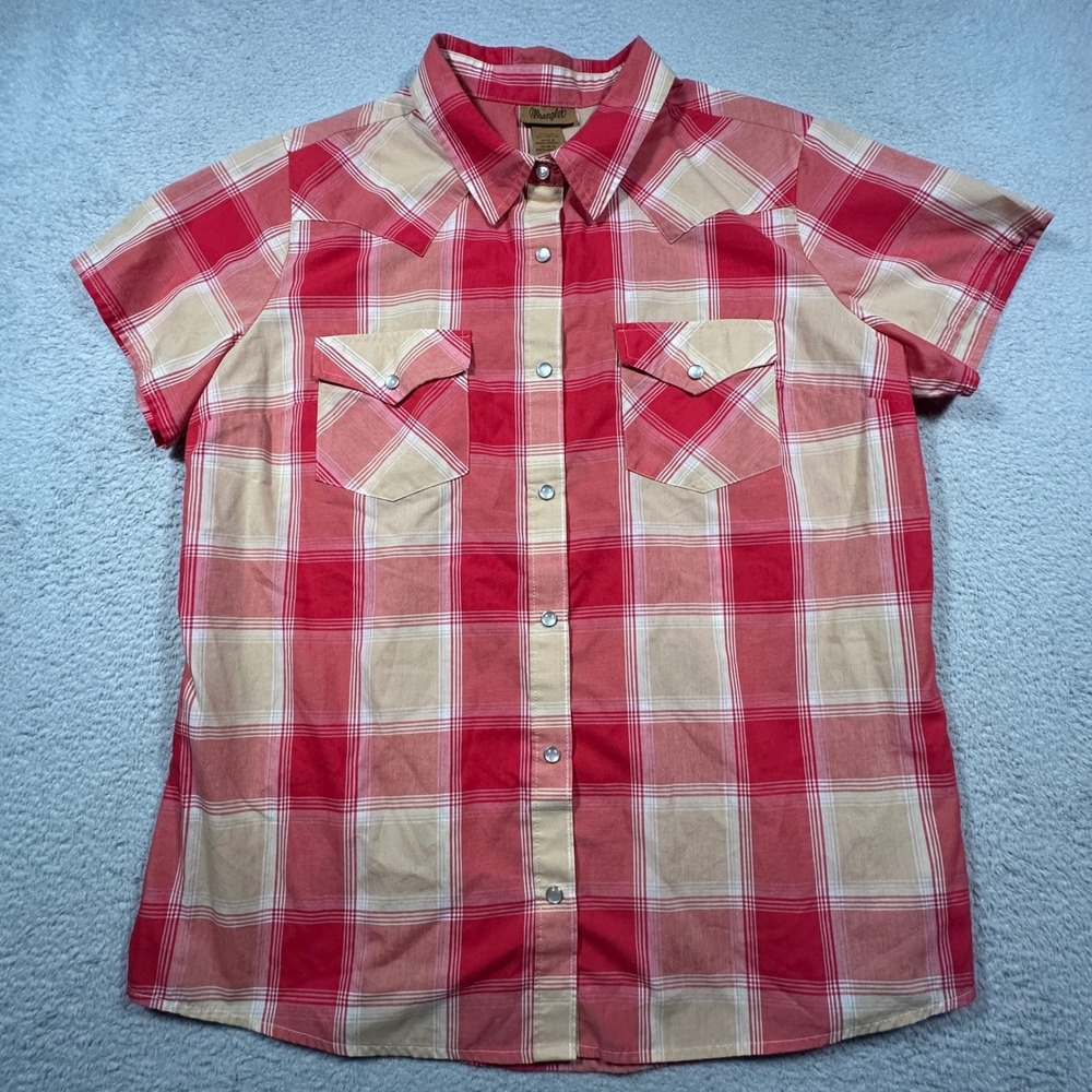 Wrangler Western Shirt Womens XL Red Plaid Pearl Snap Short Sleeve Cowgirl Top